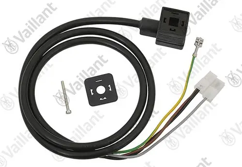 Kabel von Vaillant mit Stecker, mehreren Drähten in verschiedenen Farben und einer Montageteile-Set bestehend aus einer Schraube und einer Platte.